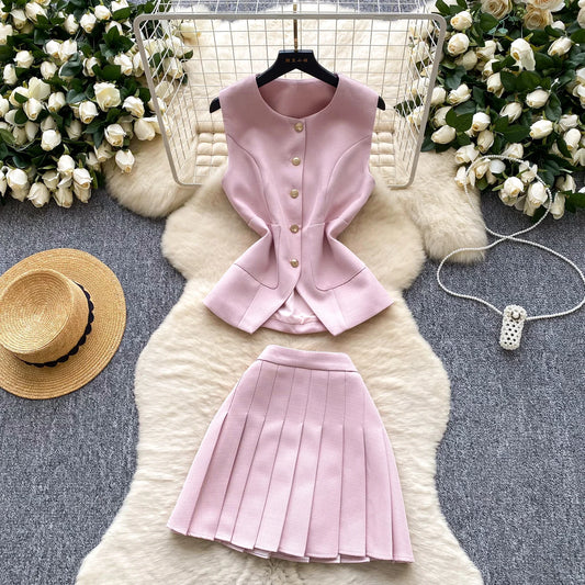 Roman 2-Piece Set - Sleeveless O-Neck Top & Skirt Outfit