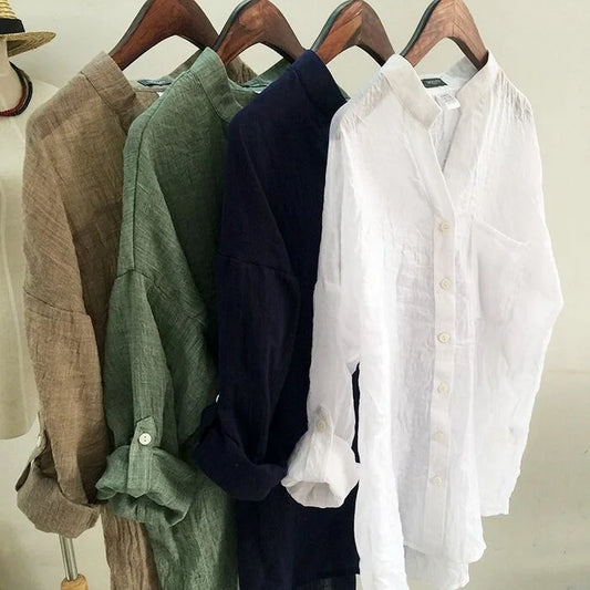 Cotton Linen Button-Up Blouse Loose Fit Casual Shirt