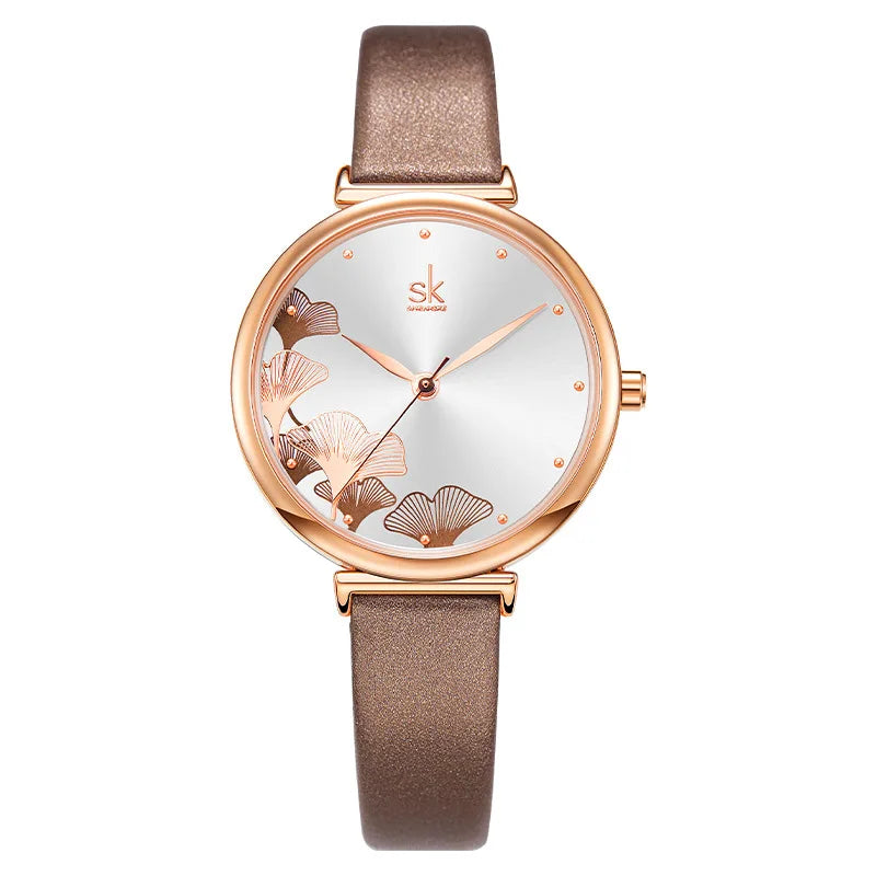 Women's Ginkgo Leaf Quartz Watch - Stainless Steel Mesh Bracelet