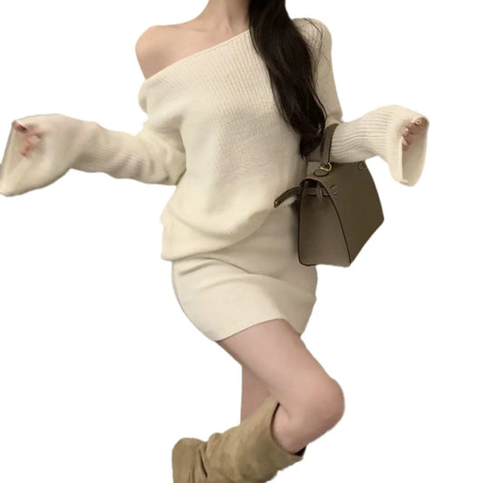 Women's 2-Piece Knit Set - Square Collar Crop Top & Mini Skirt