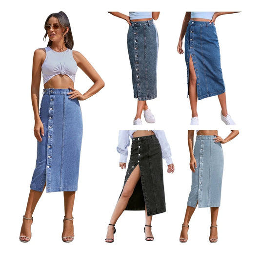 High Waist Button Front Denim Maxi Skirt with Split Detail