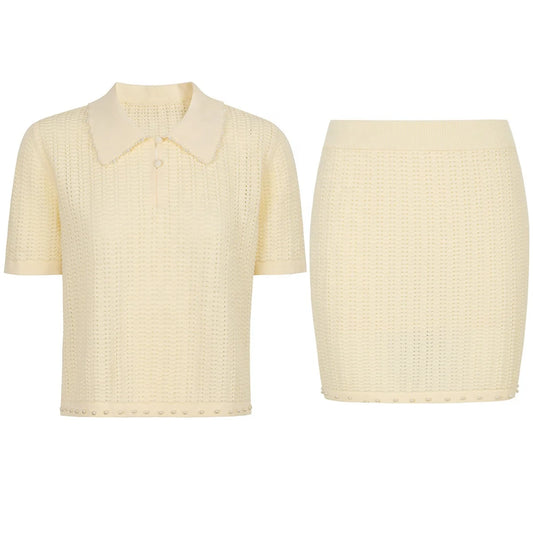 Two Piece Knit Beaded Set - Short Sleeve Top & Skirt