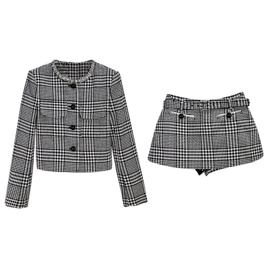 Rhinestone O-Neck Coat & Mini Skirt with Belt