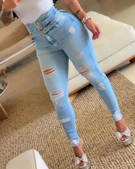 High Waisted Skinny Jeans - Slim Fit Long Pants