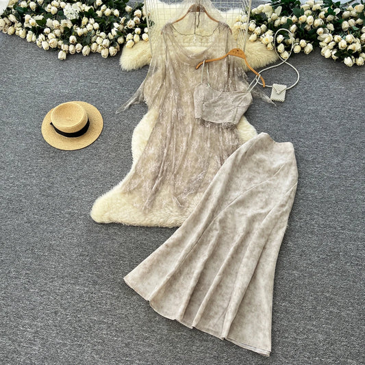 2-Piece Set - Tube Top & High Waist Lace Midi Skirt