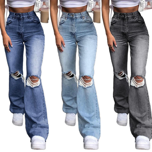 High Waist Flare Jeans - Ripped Denim Flared Pants