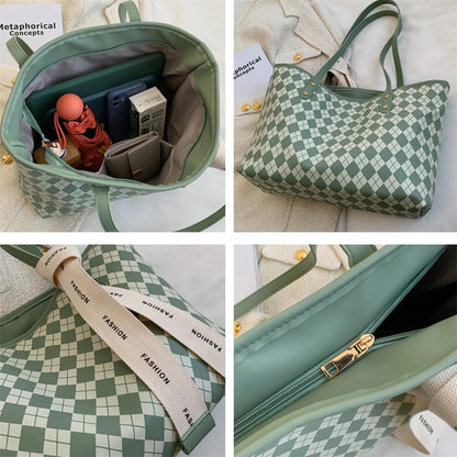 Large Plaid Designer Shoulder Handbag with Ribbon Detail