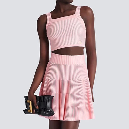 2-Piece Knit Set - Sleeveless Vest & Pleated A-Line Skirt