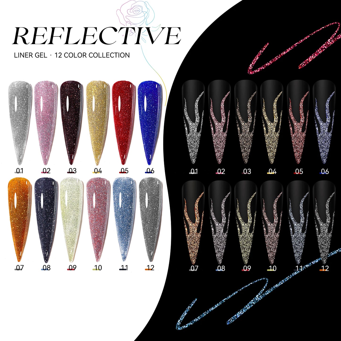 Super Reflective Disco Liner Gel Polish 12-Color Set - Nail Art Painting Collection