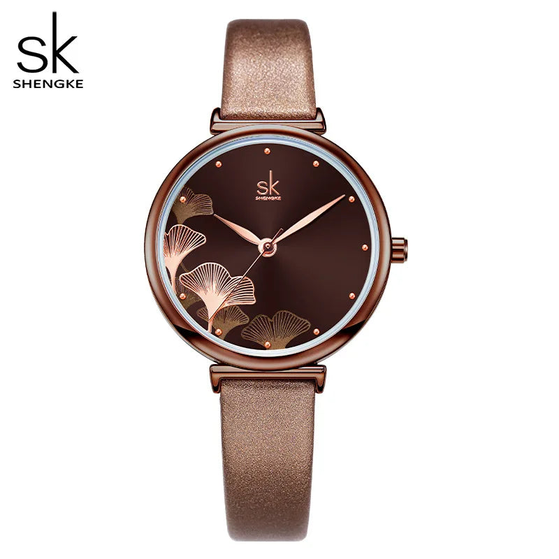 Women's Ginkgo Leaf Quartz Watch - Stainless Steel Mesh Bracelet