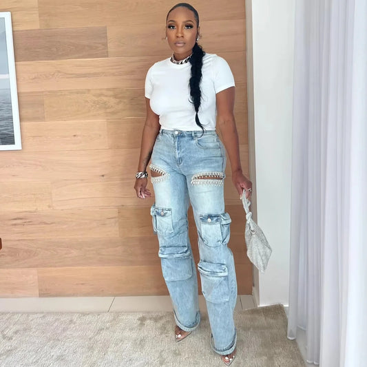 Women's High Waist Wide Leg Rhinestone Cargo Jeans - Loose Baggy Pants