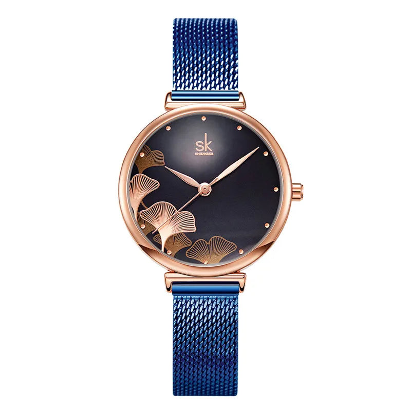 Women's Ginkgo Leaf Quartz Watch - Stainless Steel Mesh Bracelet