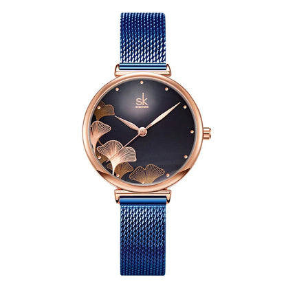 Women's Ginkgo Leaf Quartz Watch - Stainless Steel Mesh Bracelet