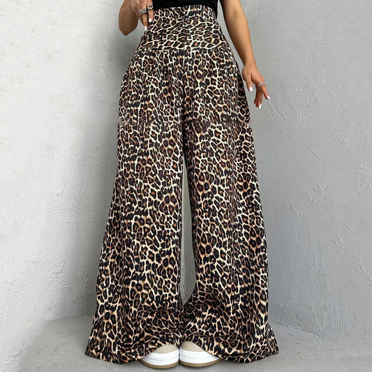Leopard Print Wide Leg Pants - High Waist Stretch Casual Trousers
