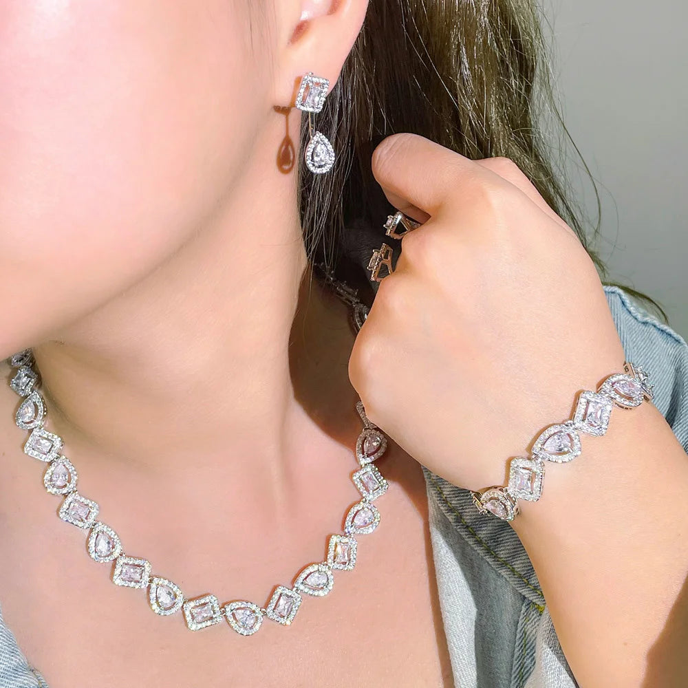 Water Drop Cubic Zirconia Jewelry Set - 4-Piece Silver  Collection