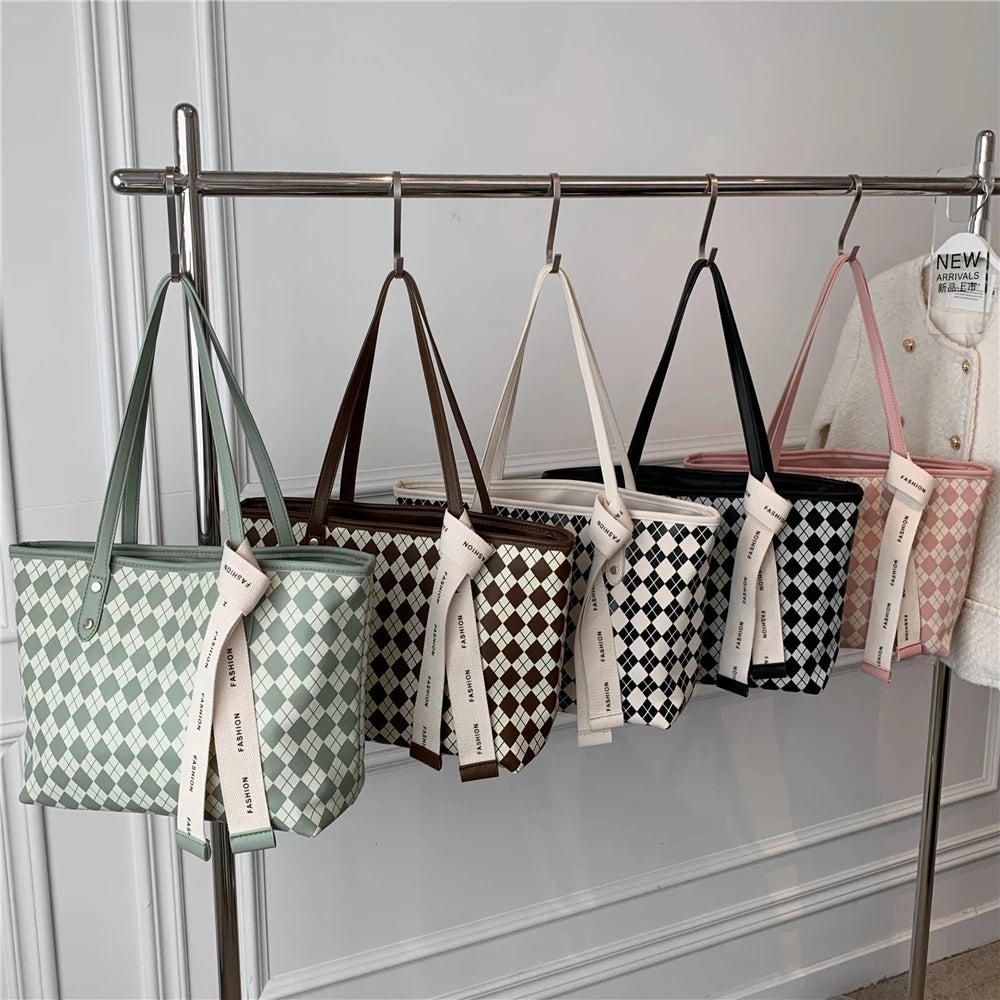 Large Plaid Designer Shoulder Handbag with Ribbon Detail