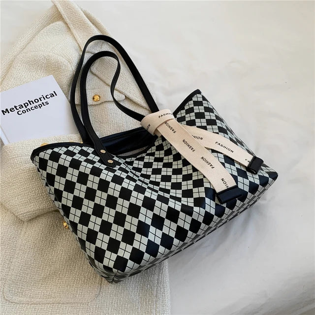 Large Plaid Designer Shoulder Handbag with Ribbon Detail