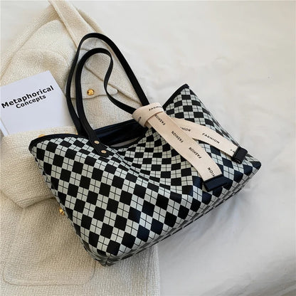 Large Plaid Designer Shoulder Handbag with Ribbon Detail