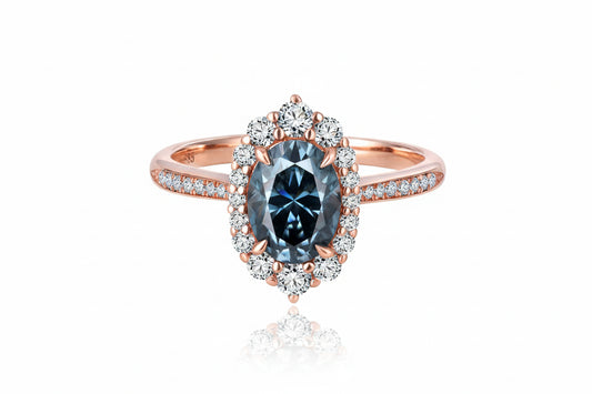 Moissanite Engagement Ring - 1.5ct Oval Blue Grey 14K Rose Gold Halo