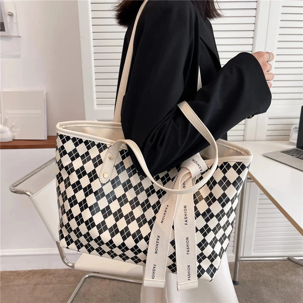 Large Plaid Designer Shoulder Handbag with Ribbon Detail